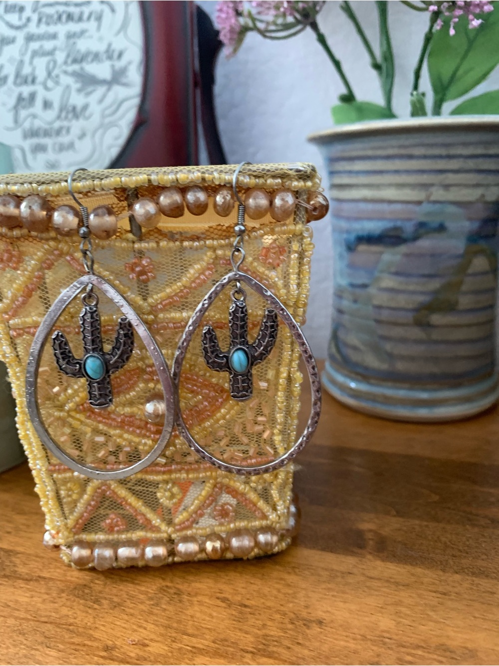 Turquoise Accented Cactus Drop Earrings